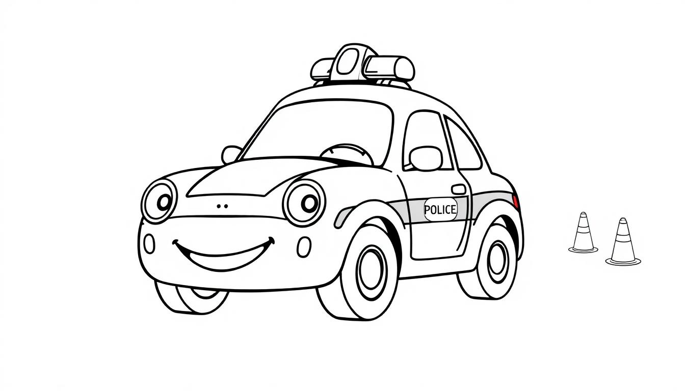 Schwarz-weiße Cartoon-Farbtafel eines freundlichen Polizeiautos.