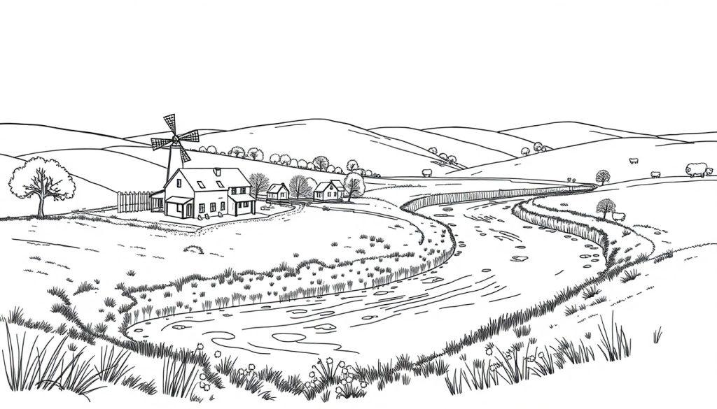 Eine Schwarz-Weiß-Skizze eines Dorfes mit einem Fluss, einer Windmühle und Schafen auf Hügeln.