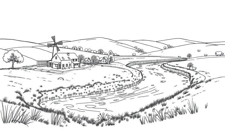 Eine Schwarz-Weiß-Skizze eines Dorfes mit einem Fluss, einer Windmühle und Schafen auf Hügeln.