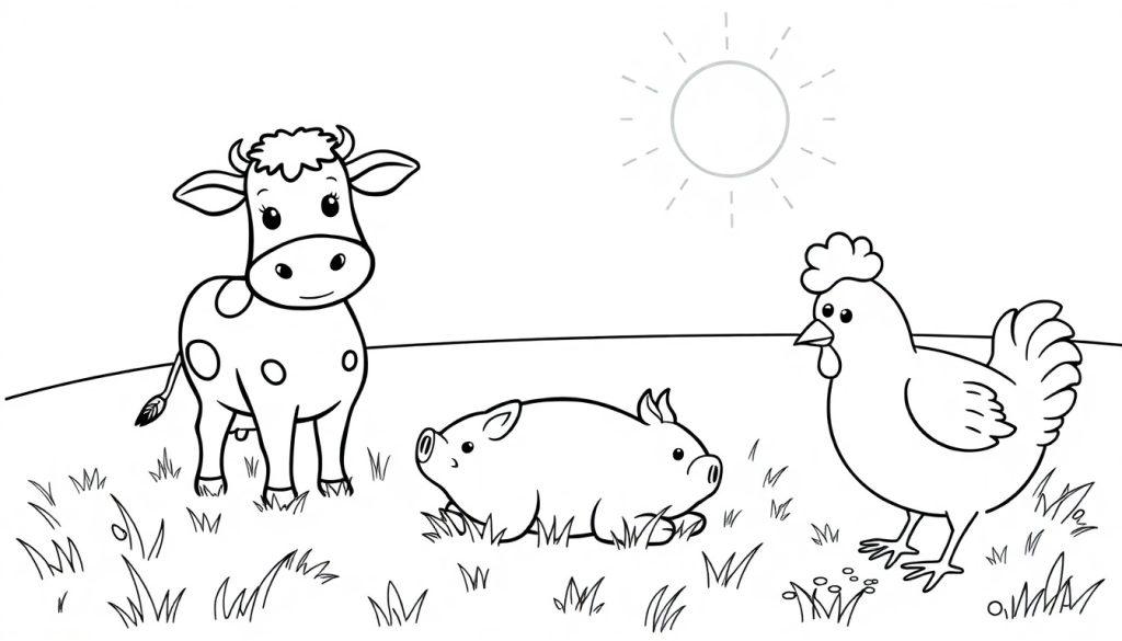 Schwarz-weiße Cartoon-Farbtafel einer Kuh, eines Schweins und eines Huhns auf einem sonnigen Hügel.
