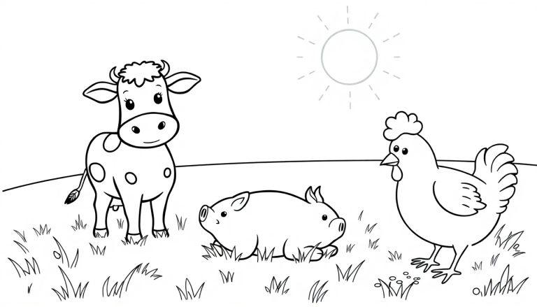 Schwarz-weiße Cartoon-Farbtafel einer Kuh, eines Schweins und eines Huhns auf einem sonnigen Hügel.