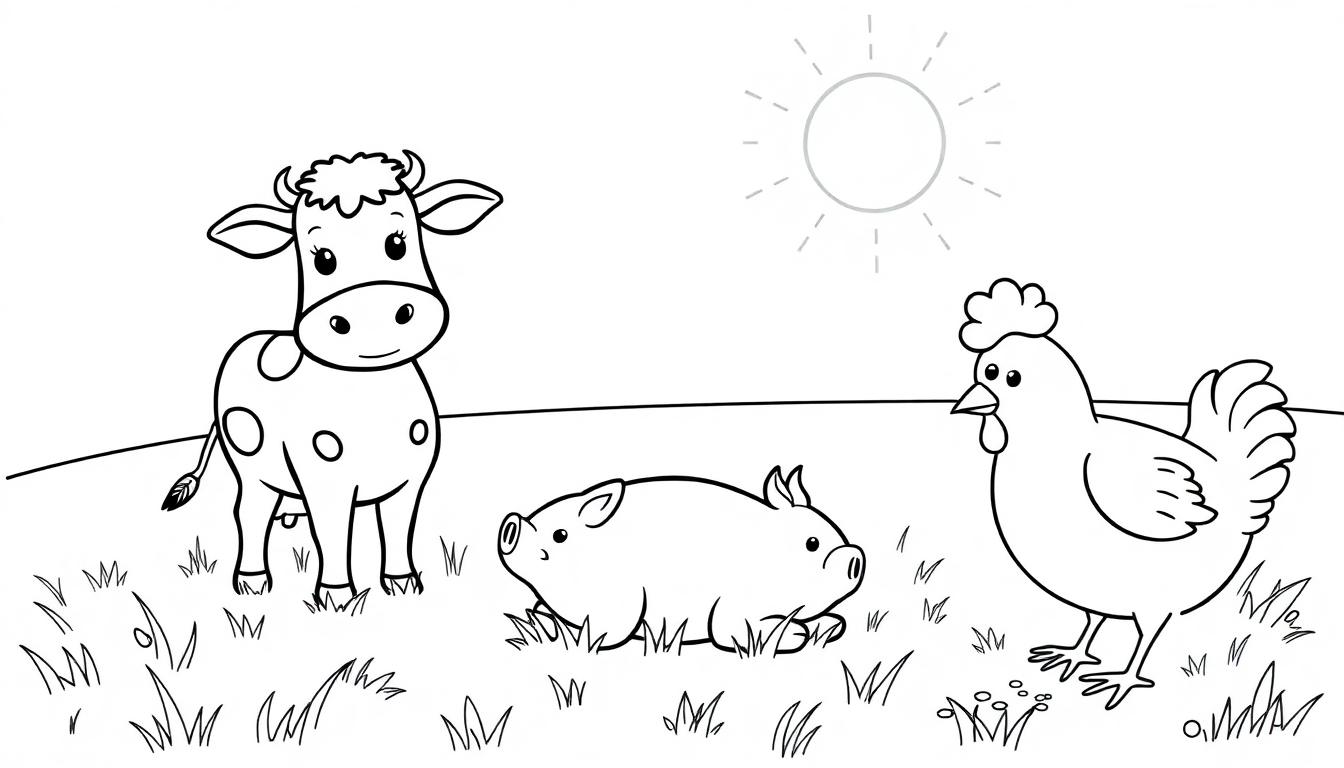 Schwarz-weiße Cartoon-Farbtafel einer Kuh, eines Schweins und eines Huhns auf einem sonnigen Hügel.