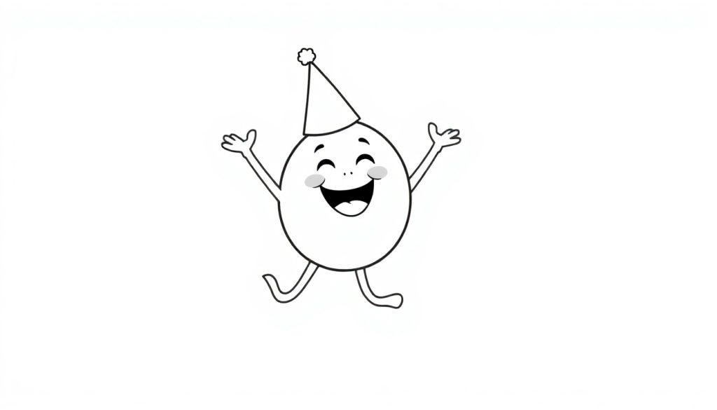 Eine fröhliche, anthropomorphe Eiform in Schwarz-Weiß-Illustration mit Partyhut, tanzend für eine Farbtafel.