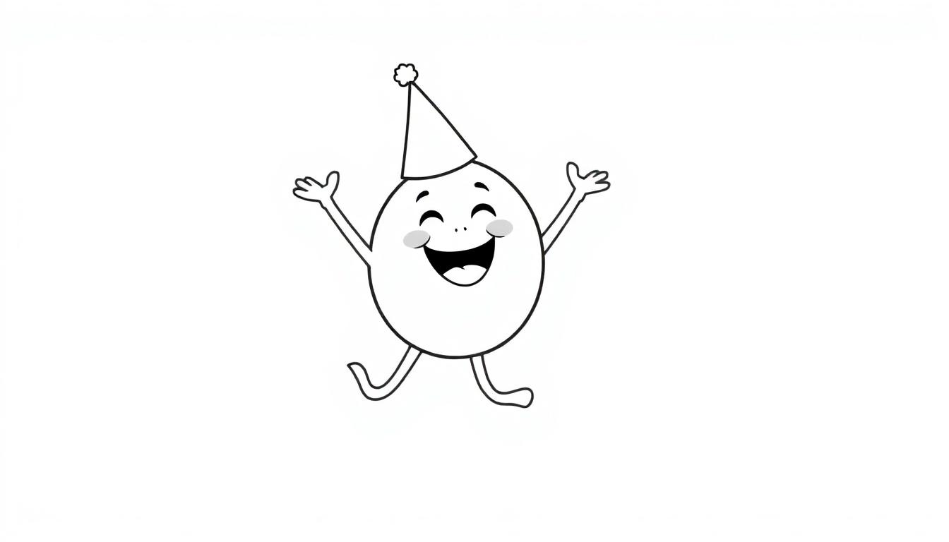 Eine fröhliche, anthropomorphe Eiform in Schwarz-Weiß-Illustration mit Partyhut, tanzend für eine Farbtafel.