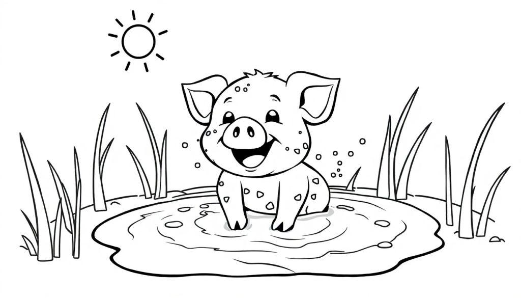 Eine Schwarz-Weiß-Farbtafel eines niedlichen Schweinchens, das fröhlich in einer Schlammpfütze planscht. Hohes Gras und eine kleine Sonne sind im Cartoon-Stil gezeichnet.