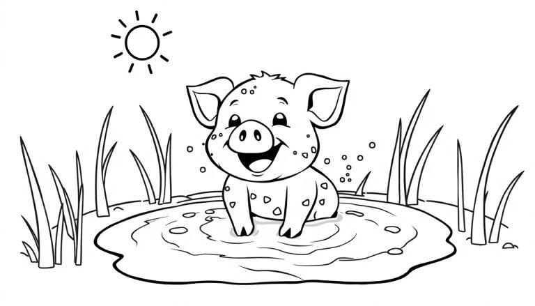 Eine Schwarz-Weiß-Farbtafel eines niedlichen Schweinchens, das fröhlich in einer Schlammpfütze planscht. Hohes Gras und eine kleine Sonne sind im Cartoon-Stil gezeichnet.