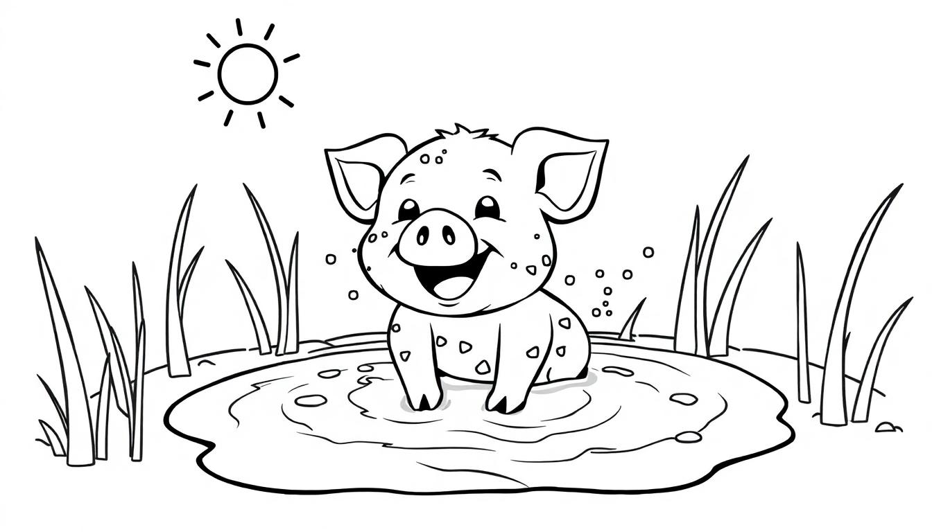 Eine Schwarz-Weiß-Farbtafel eines niedlichen Schweinchens, das fröhlich in einer Schlammpfütze planscht. Hohes Gras und eine kleine Sonne sind im Cartoon-Stil gezeichnet.