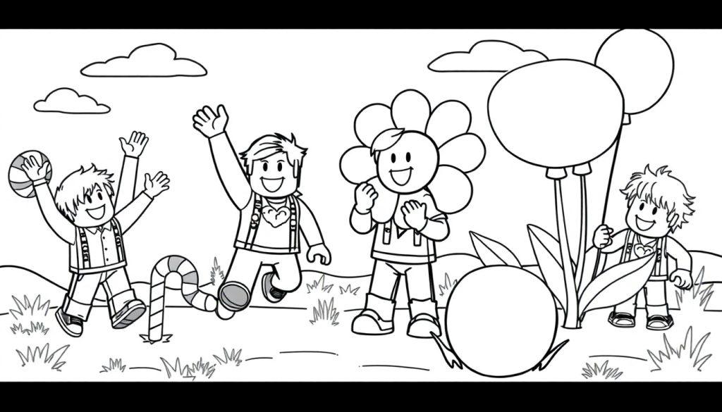 Schwarz-Weiß-Farbtafel mit vier Kindern, die fröhlich spielen, eines mit einem Ball, eines das springt, eines als Blume verkleidet und eines mit Ballons, vor wolkenartigem Himmel und Gras.