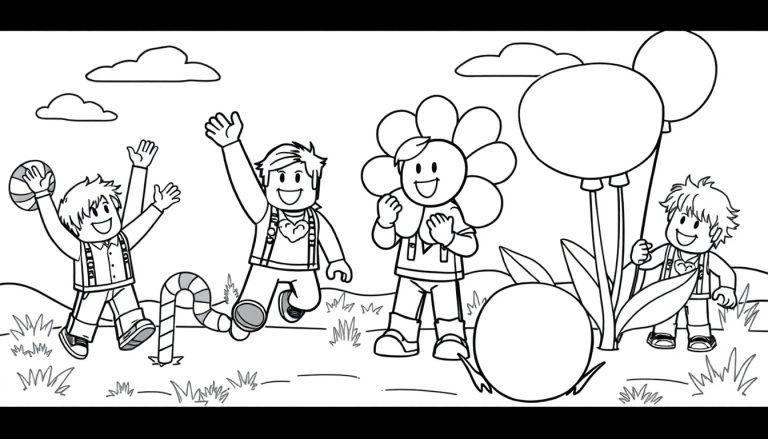 Schwarz-Weiß-Farbtafel mit vier Kindern, die fröhlich spielen, eines mit einem Ball, eines das springt, eines als Blume verkleidet und eines mit Ballons, vor wolkenartigem Himmel und Gras.