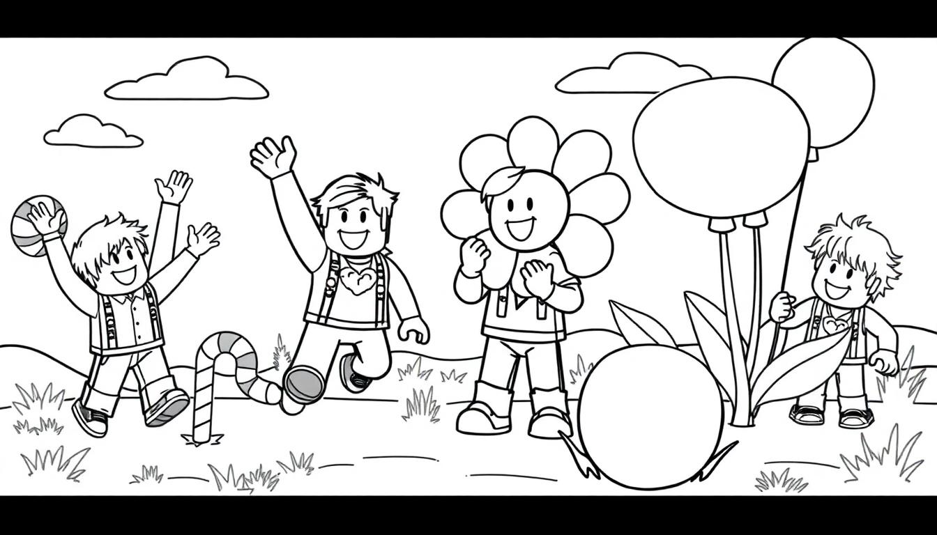 Schwarz-Weiß-Farbtafel mit vier Kindern, die fröhlich spielen, eines mit einem Ball, eines das springt, eines als Blume verkleidet und eines mit Ballons, vor wolkenartigem Himmel und Gras.