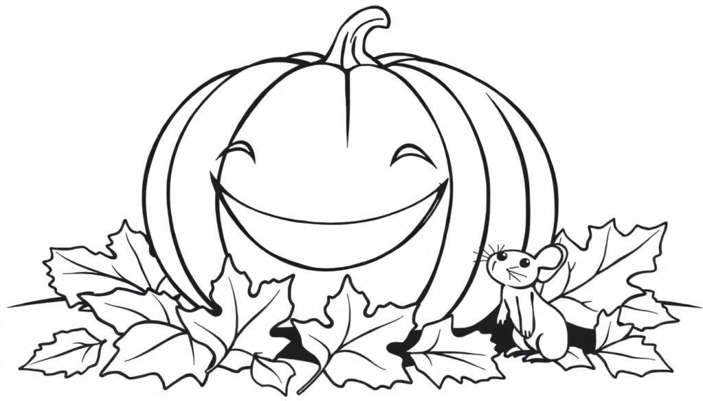 Eine schwarz-weiße Zeichnung eines lächelnden Kürbisses mit herbstlichen Blättern und einer kleinen Maus, bereit zum Ausmalen als Farbtafel.