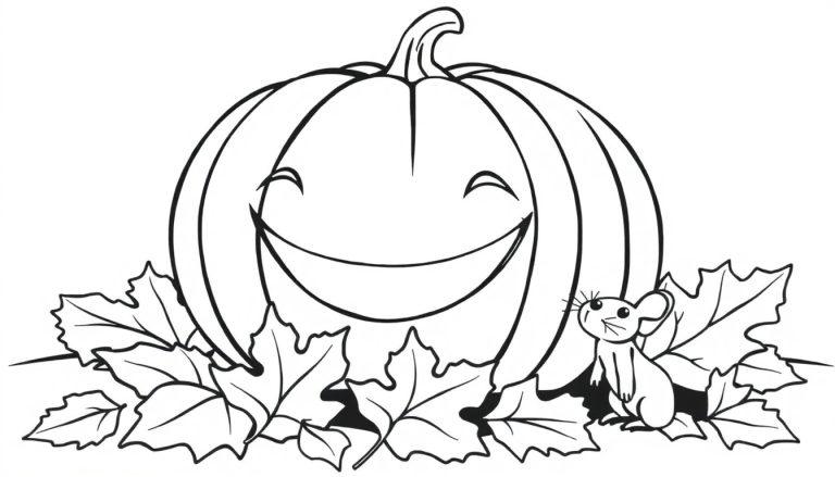 Eine schwarz-weiße Zeichnung eines lächelnden Kürbisses mit herbstlichen Blättern und einer kleinen Maus, bereit zum Ausmalen als Farbtafel.