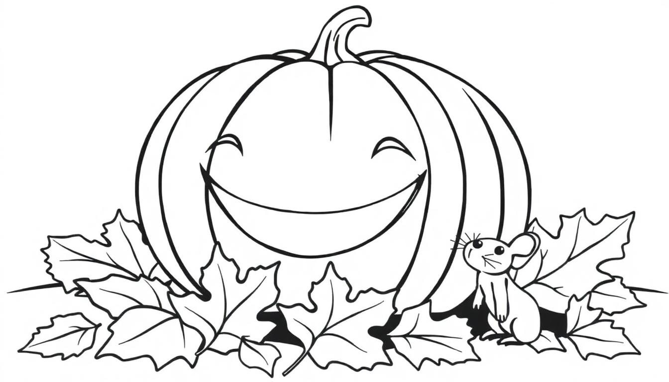 Eine schwarz-weiße Zeichnung eines lächelnden Kürbisses mit herbstlichen Blättern und einer kleinen Maus, bereit zum Ausmalen als Farbtafel.