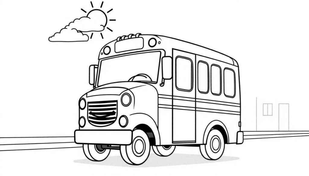 Schwarz-weiße Farbtafel eines stilisierten Schulbusses mit freundlichem Gesicht, der auf einer Straße fährt, mit einer Sonne und Wolke am Himmel.