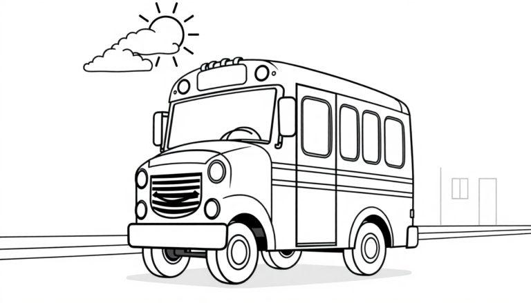Schwarz-weiße Farbtafel eines stilisierten Schulbusses mit freundlichem Gesicht, der auf einer Straße fährt, mit einer Sonne und Wolke am Himmel.