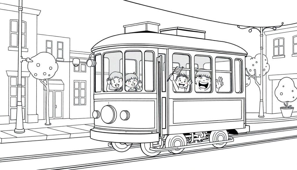 Schwarz-weiß Zeichnung einer Straßenbahn mit winkenden Kindern, amerikanischer Flagge, Gebäuden und Bäumen. Eine Farbtafel zum Ausmalen.