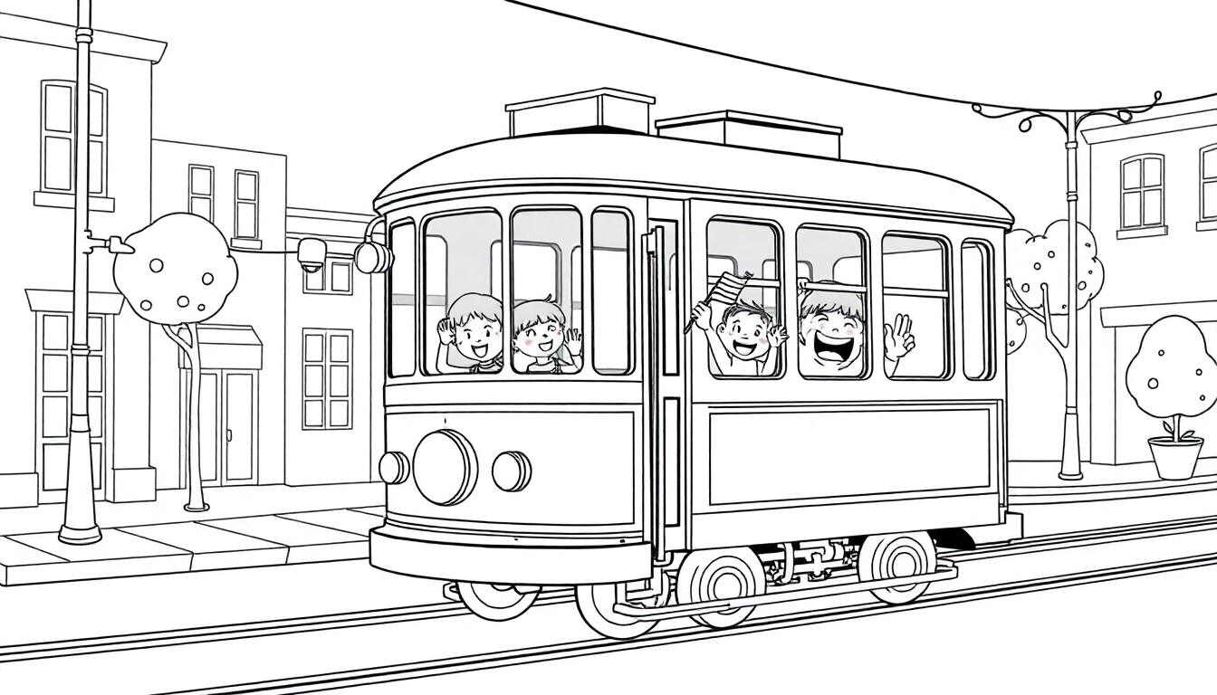Schwarz-weiß Zeichnung einer Straßenbahn mit winkenden Kindern, amerikanischer Flagge, Gebäuden und Bäumen. Eine Farbtafel zum Ausmalen.