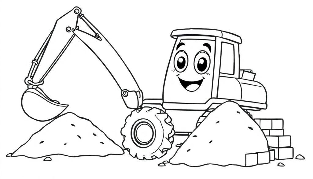 Ein lustiger Cartoon-Bagger schaufelt Sand, bereit zum Ausmalen. Farbtafel.
