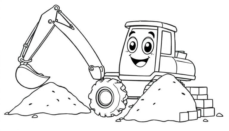Ein lustiger Cartoon-Bagger schaufelt Sand, bereit zum Ausmalen. Farbtafel.