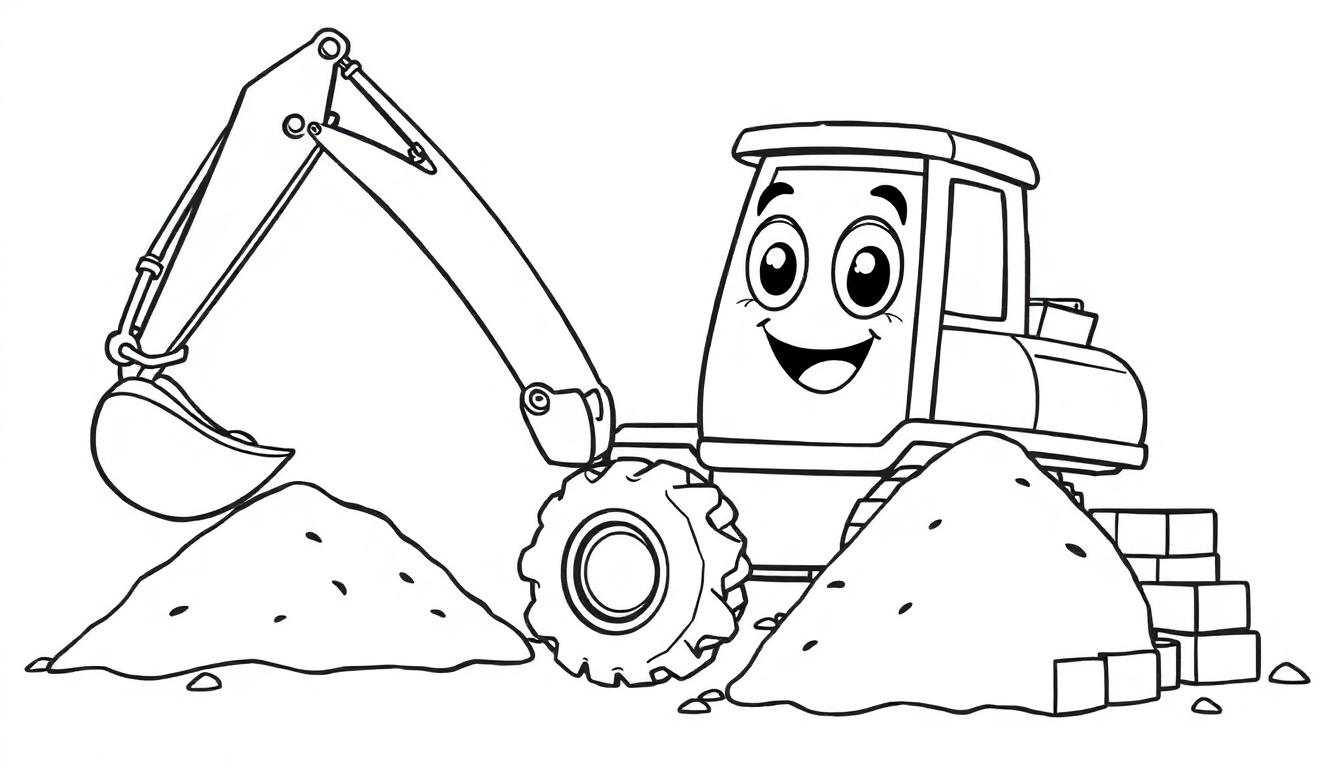 Ein lustiger Cartoon-Bagger schaufelt Sand, bereit zum Ausmalen. Farbtafel.