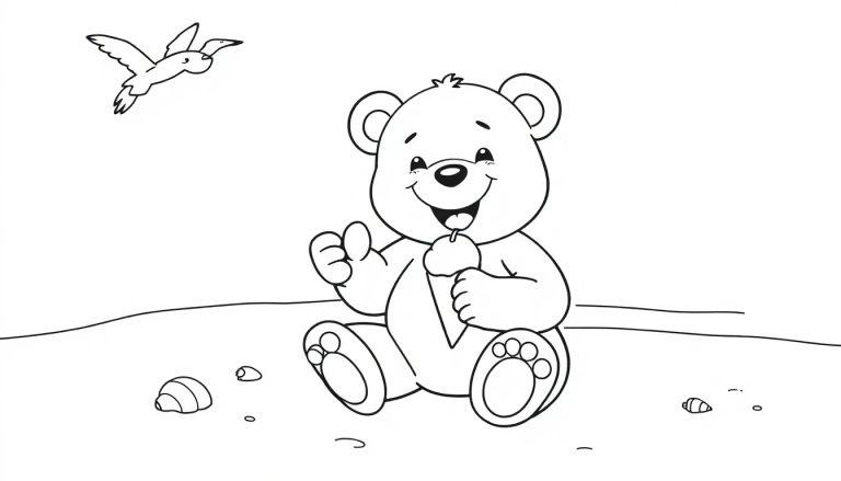 Schwarz-weiße Farbtafel eines Cartoon-Bären, der am Strand ein Eis genießt.