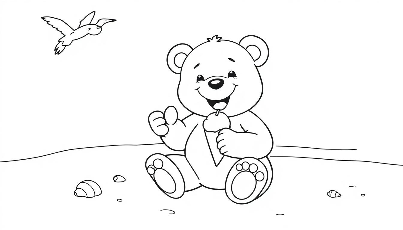 Schwarz-weiße Farbtafel eines Cartoon-Bären, der am Strand ein Eis genießt.