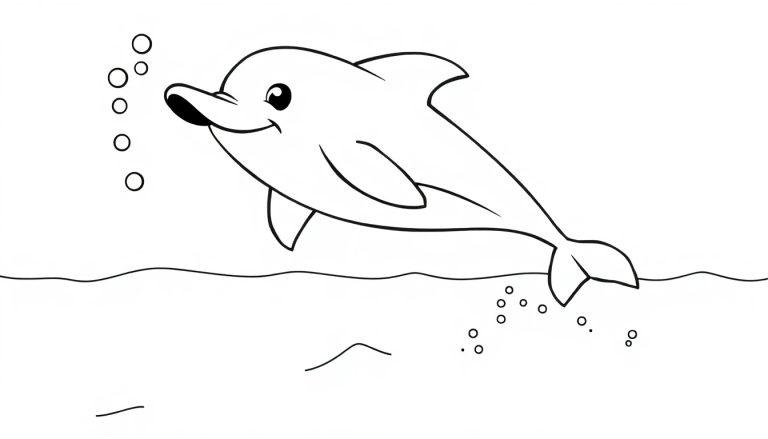 Schwarz-weiße Farbtafel-Zeichnung eines lächelnden Delfins, der im Wasser schwimmt und Blasen aufsteigen lässt.