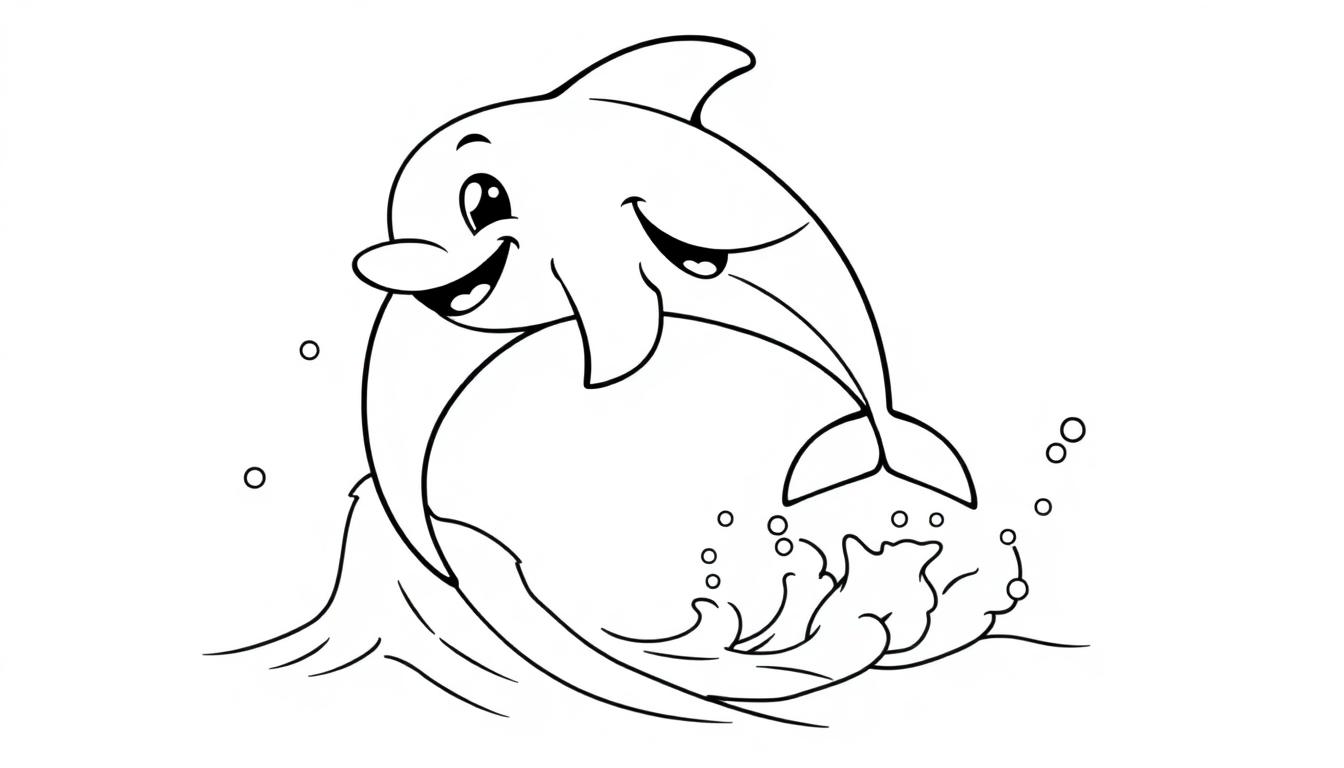Schwarz-weiße Farbtafel eines fröhlichen Cartoon-Delfins, der aus dem Wasser springt.