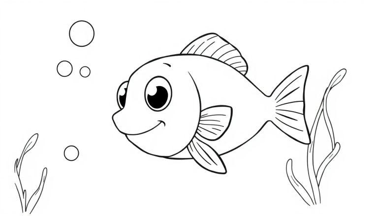Eine süße Cartoon-Farbtafel, die einen kleinen Fisch mit großen Augen und einer lächelnden Schnauze zeigt, der zwischen Wasserpflanzen schwimmt.