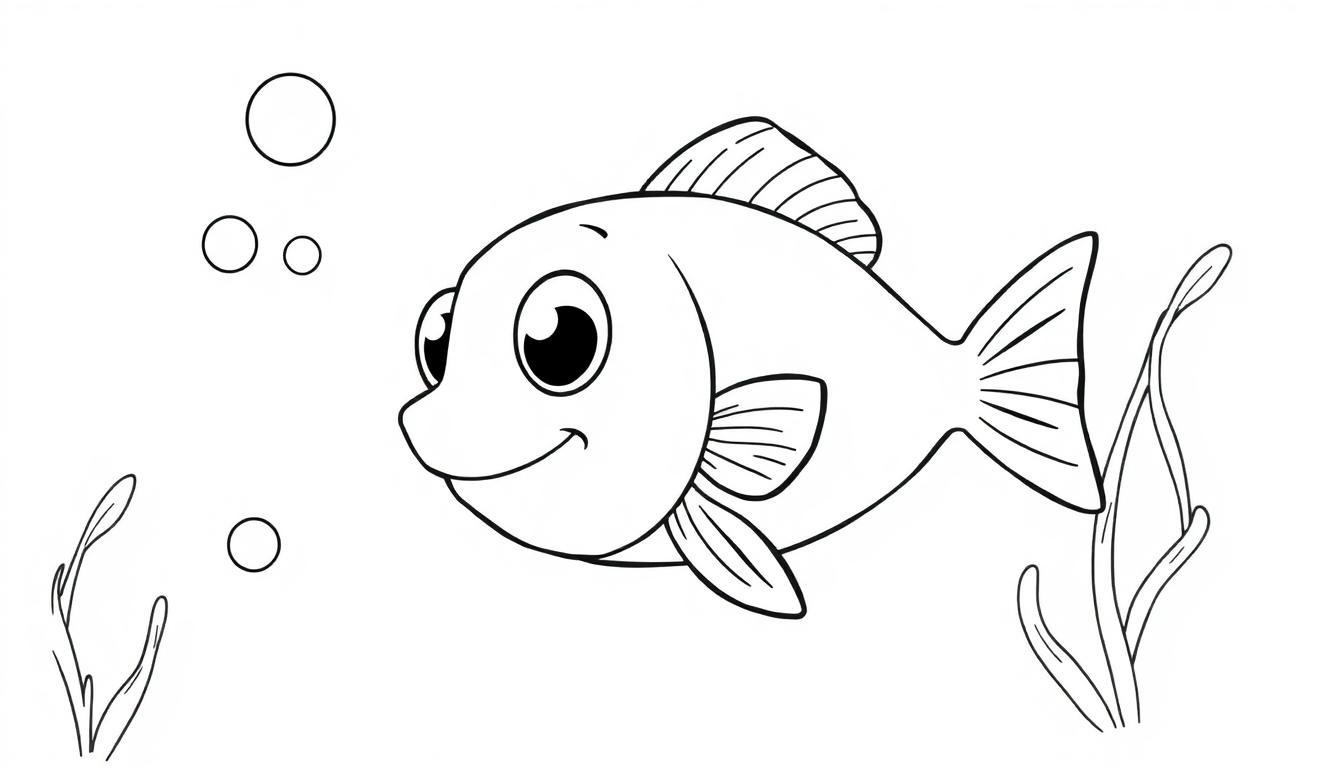 Eine süße Cartoon-Farbtafel, die einen kleinen Fisch mit großen Augen und einer lächelnden Schnauze zeigt, der zwischen Wasserpflanzen schwimmt.
