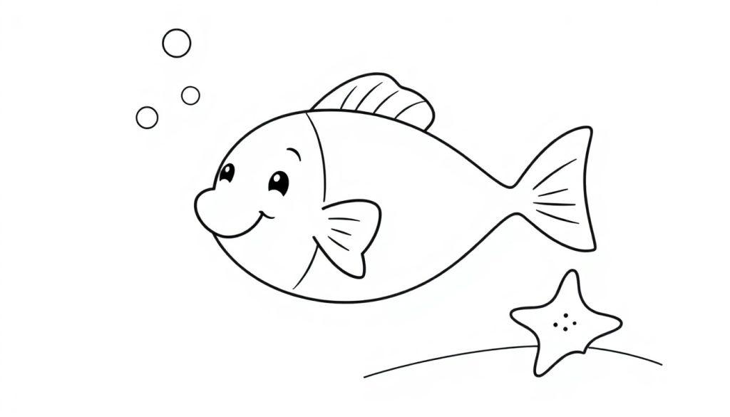 Eine Schwarzweiß-Farbtafel-Zeichnung eines fröhlichen Cartoon-Fisches im Meer mit drei Blasen, einem Seestern und Meeresgrund.