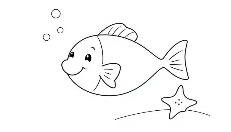 Eine Schwarzweiß-Farbtafel-Zeichnung eines fröhlichen Cartoon-Fisches im Meer mit drei Blasen, einem Seestern und Meeresgrund.