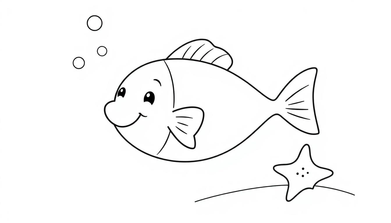 Eine Schwarzweiß-Farbtafel-Zeichnung eines fröhlichen Cartoon-Fisches im Meer mit drei Blasen, einem Seestern und Meeresgrund.