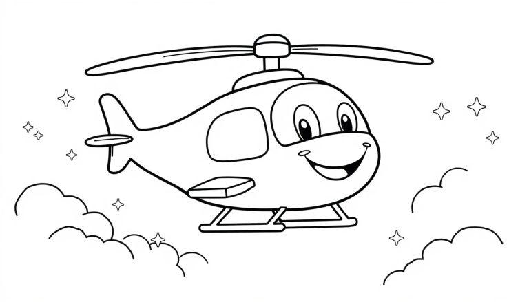 Eine Schwarz-Weiß-Farbtafel eines freundlichen Cartoon-Hubschraubers mit einem lächelnden Gesicht, der durch eine sternenklare Wolkenlandschaft fliegt.
