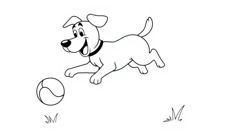 Schwarz-weiße Farbtafel-Illustration eines freudigen Hundes, der einen Ball jagt.