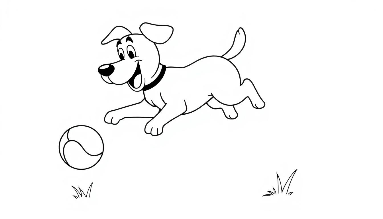 Schwarz-weiße Farbtafel-Illustration eines freudigen Hundes, der einen Ball jagt.