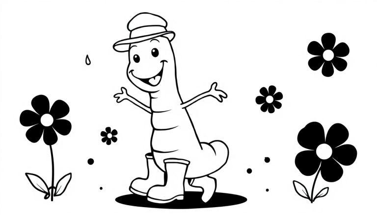 Ein fröhlicher Cartoon-Regenwurm mit Hut und Gummistiefeln, der in einem Blumenfeld tanzt, als Ausmalbild Farbtafel.