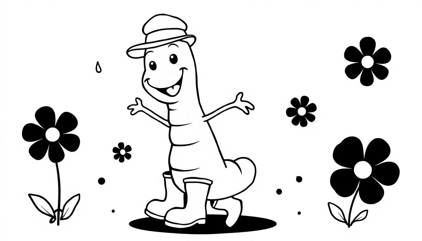 Ein fröhlicher Cartoon-Regenwurm mit Hut und Gummistiefeln, der in einem Blumenfeld tanzt, als Ausmalbild Farbtafel.
