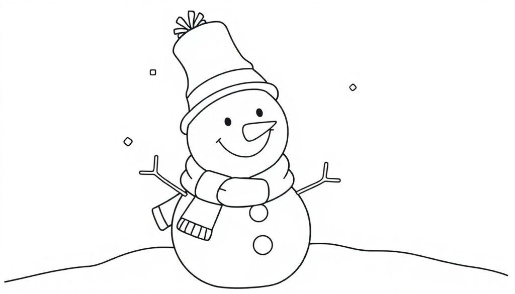 Schwarz-Weiß-Farbtafel eines fröhlichen Schneemanns mit Hut und Schal.