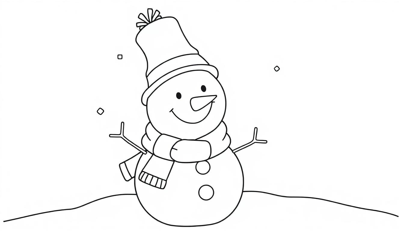 Schwarz-Weiß-Farbtafel eines fröhlichen Schneemanns mit Hut und Schal.