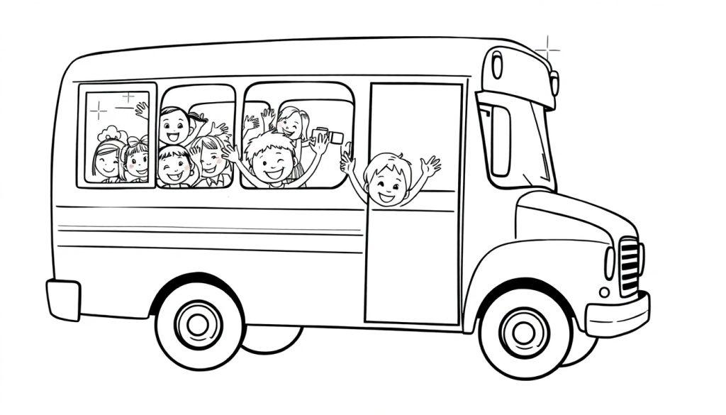 Schwarz-weißer Schulbus mit winkenden Kindern, bereit für eine Farbtafel.
