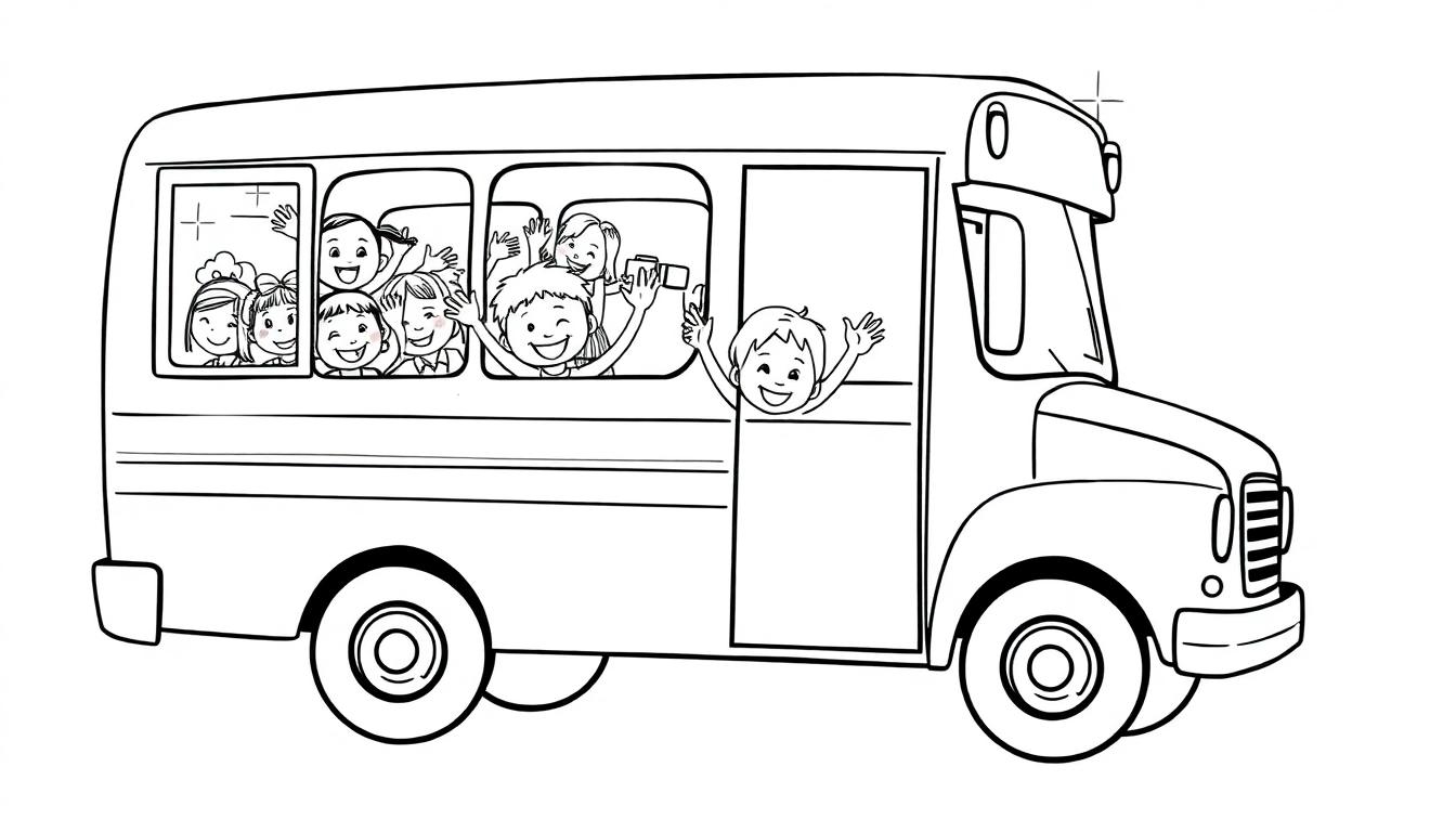 Schwarz-weißer Schulbus mit winkenden Kindern, bereit für eine Farbtafel.