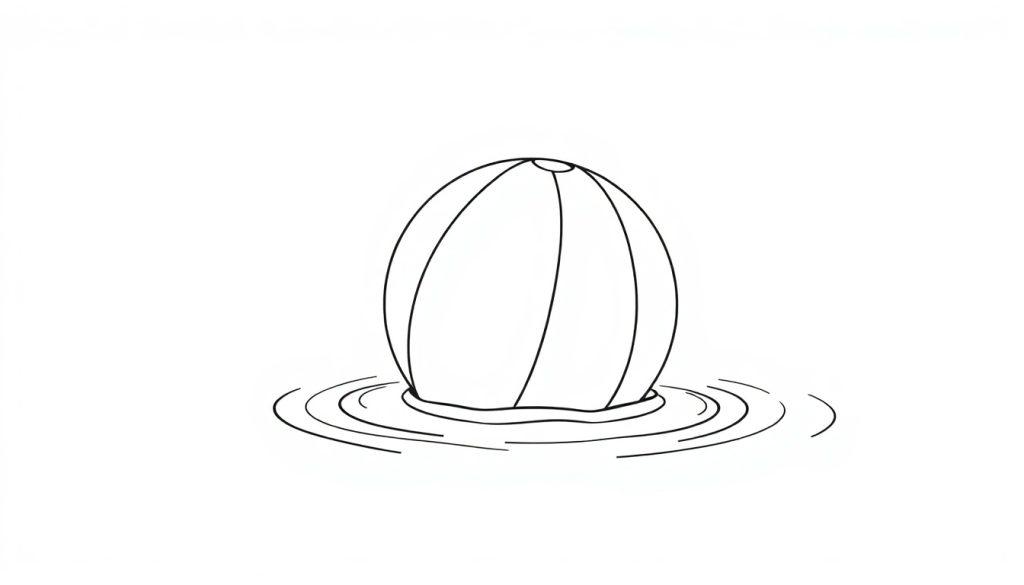 Eine Schwarz-Weiß-Farbtafel-Illustration eines einfachen Wasserballs, der auf dem Wasser schwimmt und Wellen erzeugt.
