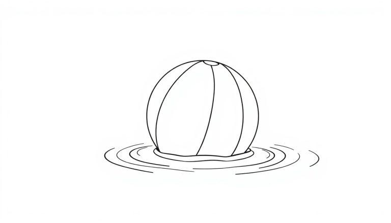 Eine Schwarz-Weiß-Farbtafel-Illustration eines einfachen Wasserballs, der auf dem Wasser schwimmt und Wellen erzeugt.