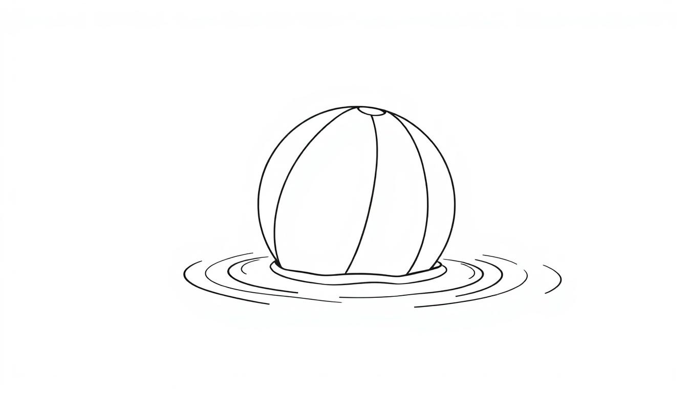 Eine Schwarz-Weiß-Farbtafel-Illustration eines einfachen Wasserballs, der auf dem Wasser schwimmt und Wellen erzeugt.
