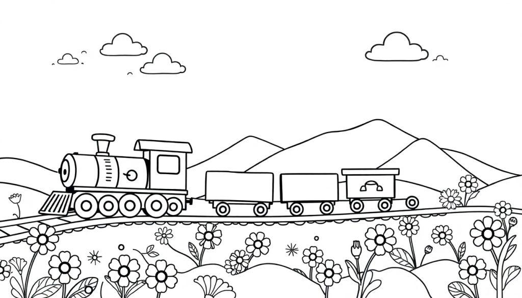 Ein Schwarz-Weiß-Cartoon eines fröhlichen Zuges, der durch eine blumenübersäte Landschaft fährt, bereit für eine Farbtafel.