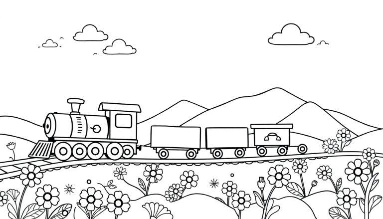 Ein Schwarz-Weiß-Cartoon eines fröhlichen Zuges, der durch eine blumenübersäte Landschaft fährt, bereit für eine Farbtafel.