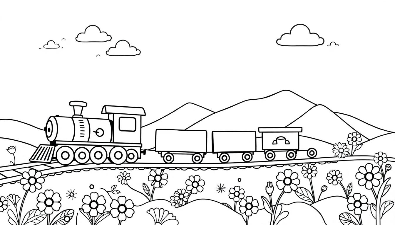 Ein Schwarz-Weiß-Cartoon eines fröhlichen Zuges, der durch eine blumenübersäte Landschaft fährt, bereit für eine Farbtafel.