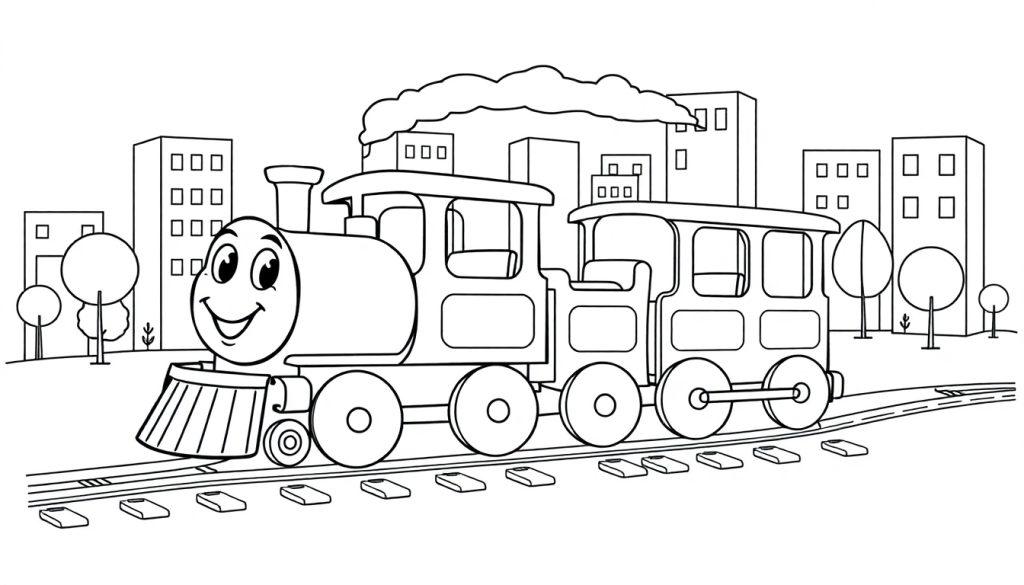 Schwarz-weiße Farbtafel eines lächelnden Cartoon-Zuges mit einem Waggon, der vor einer Stadtkulisse fährt.