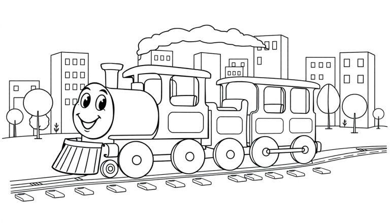 Schwarz-weiße Farbtafel eines lächelnden Cartoon-Zuges mit einem Waggon, der vor einer Stadtkulisse fährt.